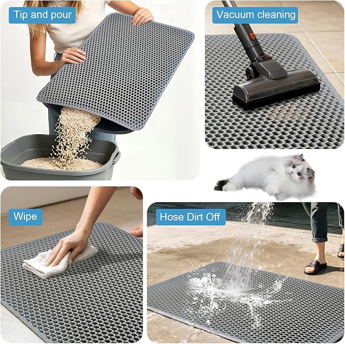Honeycomb Cat Litter Mat, Double Layer, 23.4"x14.7", Gray | Durable Cat litter box mat, ultra-soft BPA-free non-toxic EVA, non-slip urine-proof base, easy-clean, washable, traps litter - Image 3