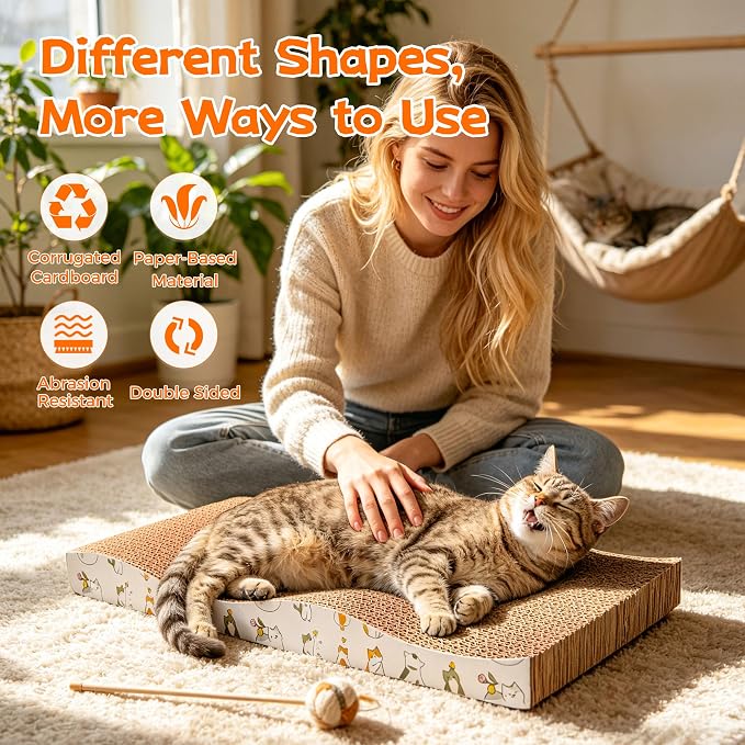 PatiencET Cat Scratcher Cardboard Pads, 4-Pack Mixed Flat and Wavy | Flat and Curved Profiles, Four-Piece Variety, Stretching and Lounging, Catnips Included - Image 3