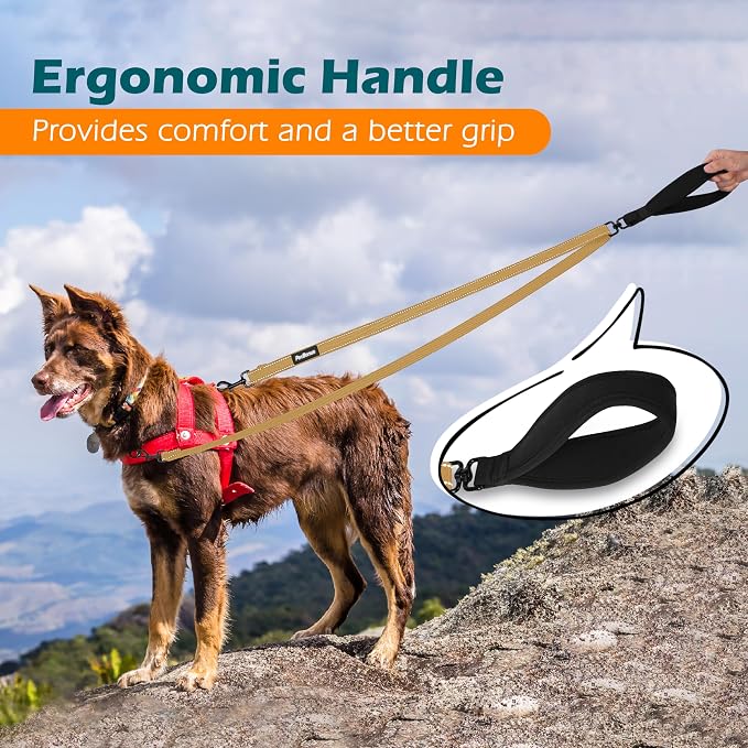 PetBonus Two Point Control Dog Leash, No Tangle Training Walking Leashes | Soft Padded Handle, Reflective, Works with No Pull Harnesses, Converts to Single Lead for Medium Large Dogs, Khaki - Image 5
