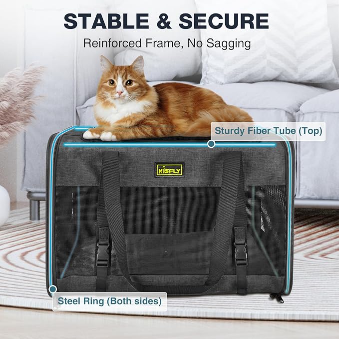 Cat Carrier 20"x13"x13", Foldable Soft-Sided Travel Pet Bag | Designed for cats and small pets with sturdy frame support, breathable mesh and seat belt compatibility for safe car travel. - Image 4