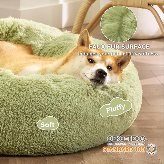 Bedsure Calming Dog Bed Medium Size Dog Donut Washable Pet Bed,30ins Green | Fluffy Faux Fur Round Cuddler,Machine Washable,Anti-Slip Bottom,Anti-Anxiety,Deep Sleeping for Pets Up to 45 Lbs - Image 2
