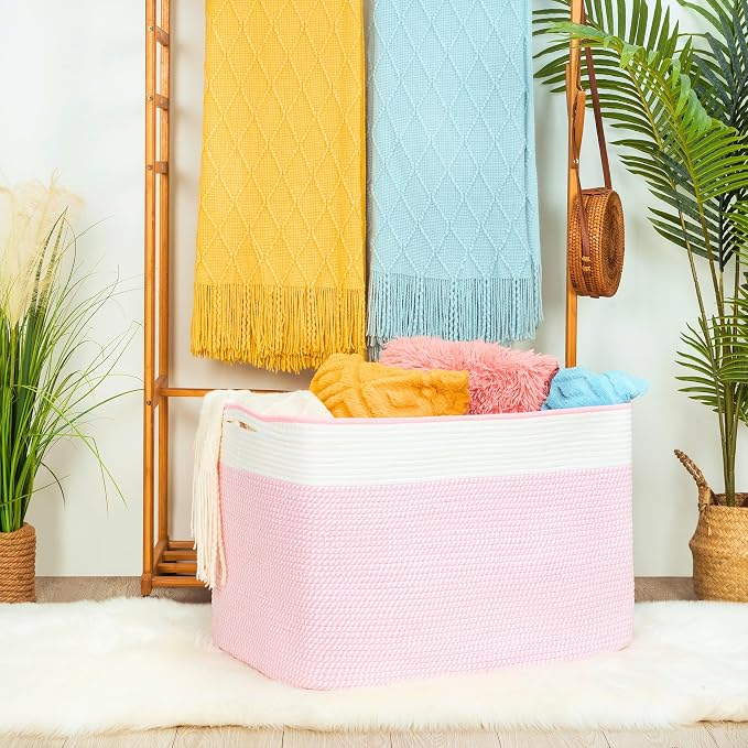 MINTWOOD Design 112L Extra Large Blanket Basket Holder Living Room, 25"x17"x16" Rectangle Rope Woven Storage Basket with Handles for Laundry, Towels, Shoes, Dog Toy Organizer Bin Box, Light Pink - Image 2