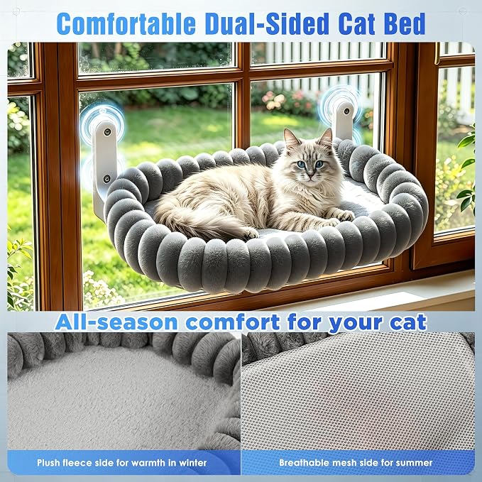 Cat Window Perch - Cordless Cat Window Hammock with 4 Strong Suction Cups, Ultra Soft Window Perch for Cats Inside - 2 in 1 Cats Window Bed Detchable & Washable Cushion 23.3 * 15.8in(Grey) - Image 4
