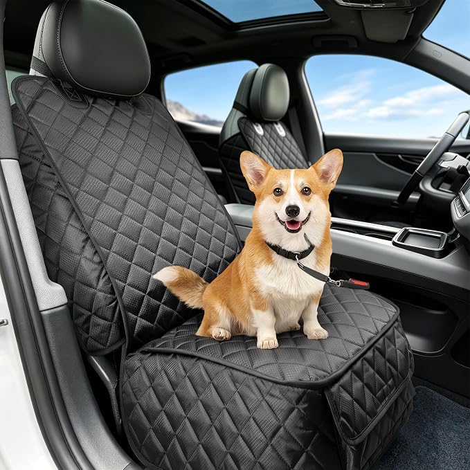 Heavy Duty Dog Front Seat Covers, Waterproof for Car/Truck/SUV/Jeep, 2 Pack | 900D Tear-resistant Front Seat Cover for Dogs, Full Side flaps, Non-slip, Universal Fit, Black, Easy to Install & Clean by BeComfeePetSupplies