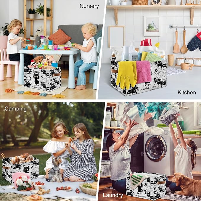 Black Cat Rectangle Storage Basket - Cat Themed Collection Collapsible Storage Baskets with Handles - Cute Cats Toy Bins - Black Cats Pattern Storages Bin for Kids Clothes, Gifts, Books, Toys - Image 7