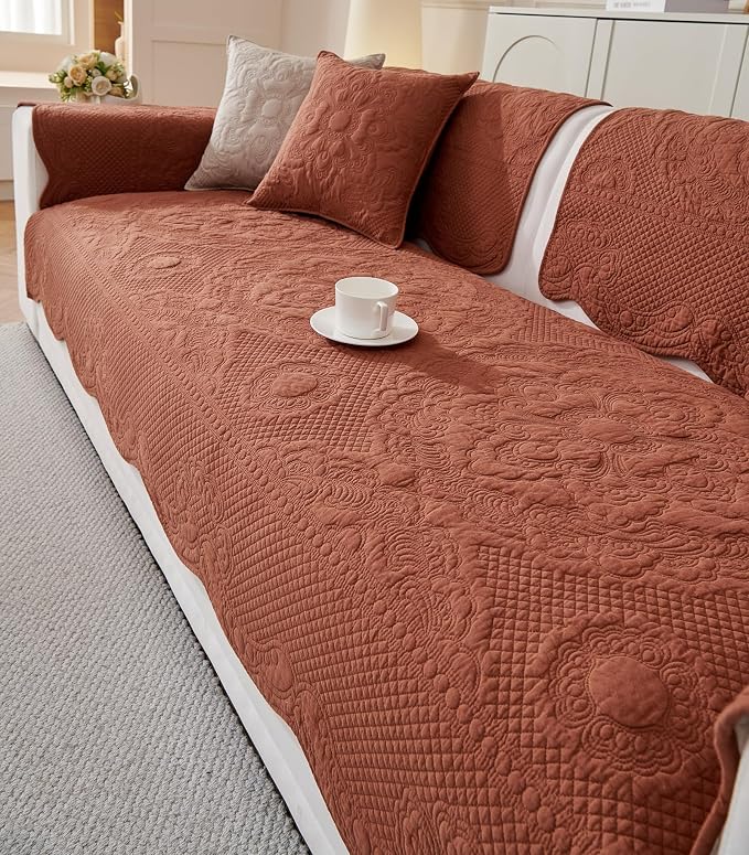 vctops Boho Cotton Quilted Couch Cover Soft Embroidered Sofa Cover Non-Slip Dog Bed Cover Scalloped Sofa Slipcover Washable Furniture Protector Cover (Orange,43"x70") - Image 5