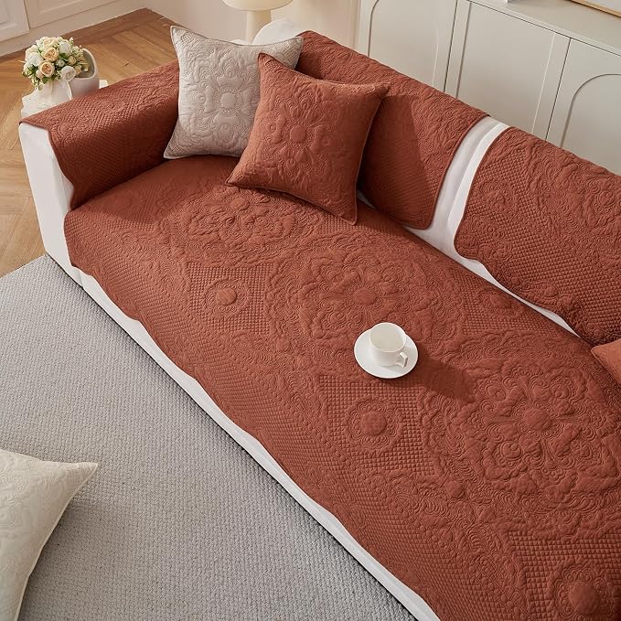 vctops Boho Cotton Quilted Couch Cover Soft Embroidered Sofa Cover Non-Slip Dog Bed Cover Scalloped Sofa Slipcover Washable Furniture Protector Cover (Orange,43"x70") - Image 6