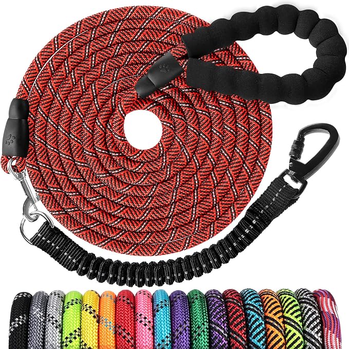 Long Dog Leash 15 FT: Heavy Duty Rope Leashes for Dogs Training with Swivel Lockable Hook Reflective Threads Bungee and Padded Handle - Dog Lead for Large Small Medium Dogs Outside Walking Hiking Red by jenico