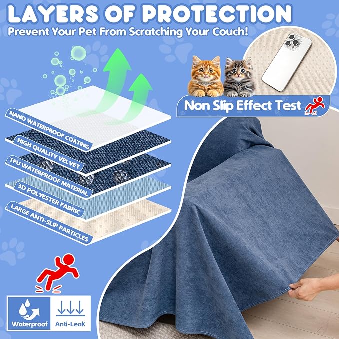 Loiion Cat Scratch Proof Furniture Protector Waterproof Sofa Cover 134"x71" | Pet-Friendly Couch Protector, Anti-Scratch & Anti-Slip Sofa Cover For Cats Dogs Kids, Machine Washable - Image 5