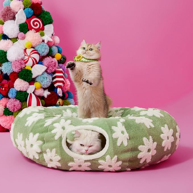 Lesure Donut Cute Jacquard Cat Tunnel Bed Kitten Toys for Puppy Bunny | 33.5x33.5x10in,Round Cat Bed Tube for Indoor Cats Rabbit Dog,Pet Peekaboo Cave Toy,Spiral Hideaway,Washable Cushion,Green - Image 7