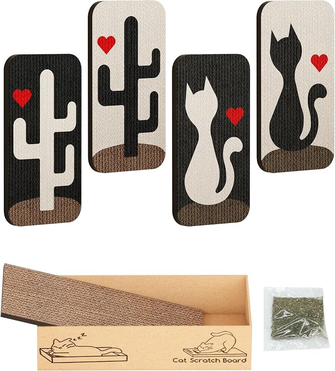 Megidok Cat Scratcher Art,5 Pack Cat Wall Mounted Scratcher,Cute Scratch Pad for Cats Nail File,Couch Protector Scratching Posts for Indoor Cats Adults Cat+Cacti - Image 2