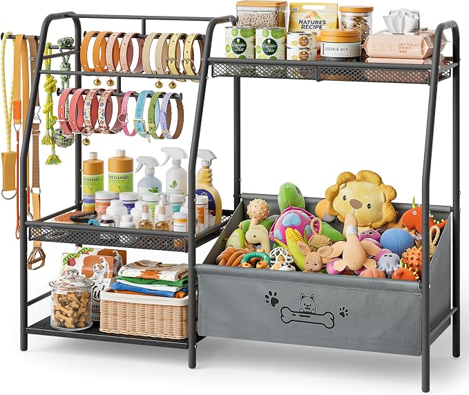 Lomivra Large Dog Toy Basket with Dog Storage Organizer, Trapezoid Toy Bin Box with Collar Leash Holder Hook, Dogs Toy Holder Chest Pet Storage Cabinet for Living Room Dogs Essentials by Lomivra