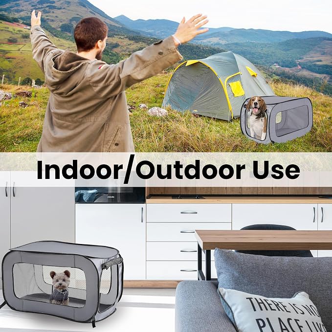 Portable Collapsible Pop Up Kennel, 36" L x 22" W x 22" H, Gray | Collapsible indoor/outdoor travel cat and dog crate with mesh screen windows pops up and folds flat for easy storage - Image 6