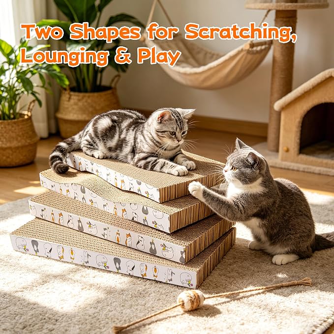 PatiencET Cat Scratcher Cardboard Pads, 4-Pack Mixed Flat and Wavy | Flat and Curved Profiles, Four-Piece Variety, Stretching and Lounging, Catnips Included - Image 6