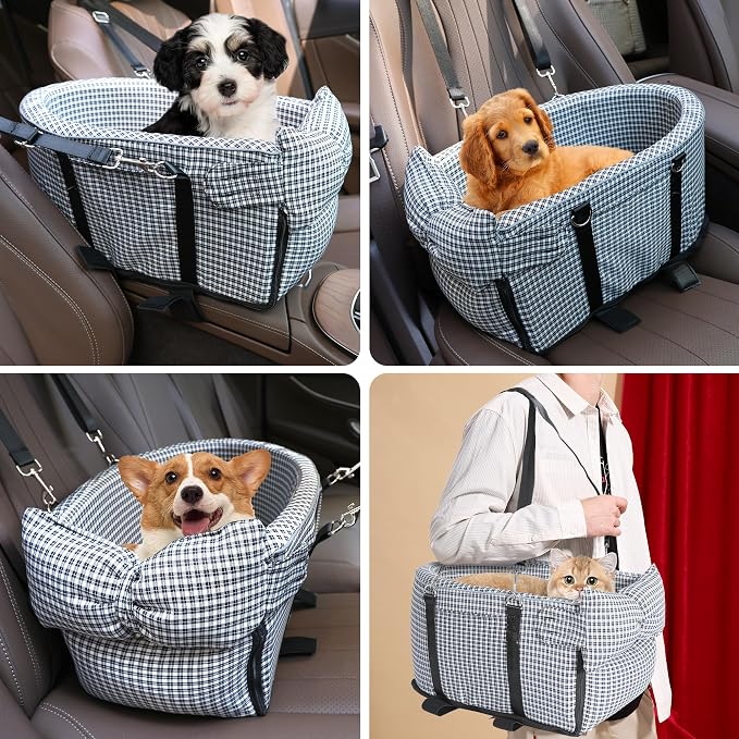 Center Console Dog Car Seat Dog Bed for Car Console Portable Armrest Booster Seat Carrier for Small Medium Dogs Anti-Collapse for Puppy Pet Up to 15 Lbs（Grid Black） - Image 6
