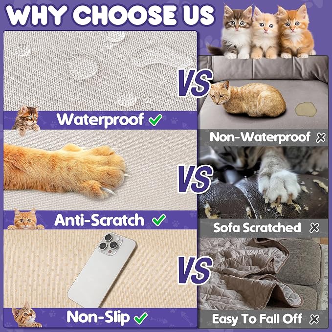 Loiion Cat Scratch Proof Furniture Protector Waterproof Sofa Cover 150"x91" | Pet-Friendly Couch Protector, Anti-Scratch & Anti-Slip Sofa Cover For Cats Dogs Kids, Machine Washable - Image 5
