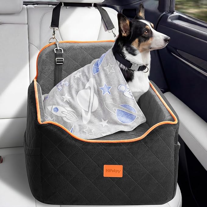 HiPetpy Dog Car Seat 6" Elevated Memory Foam Booster Seat for Small Medium Dogs Under 35 lbs with Pet Blanket, Washable Pet Car Seat with Safety Leash, Anti-Slip Base and Storage Pockets - Image 2