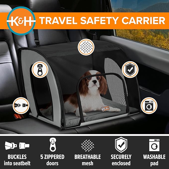 K&H Dog Car Seat, Travel Safety Carrier for Pets, Medium, Gray/Black | Enclosed Car Seat for Dogs, Soft-Sided Covered Pet Carrier, Washable Pad, Multiple Entrances, Mesh Windows, 24x19x17in - Image 5
