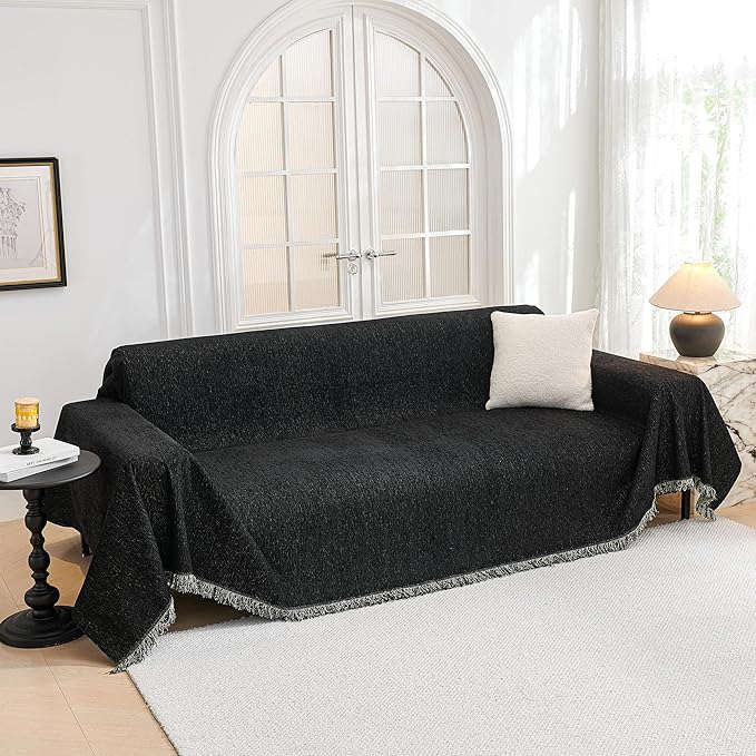 MYSKY HOME Black Chenille Sofa Slipcover Couch Covers for Sectional l Shaped Couch Pets Protector Furniture Covers Futon Cover Super Soft Washable Decorative Couch Covers for 3 Cushion, 91"x118" by MYSKYHOME