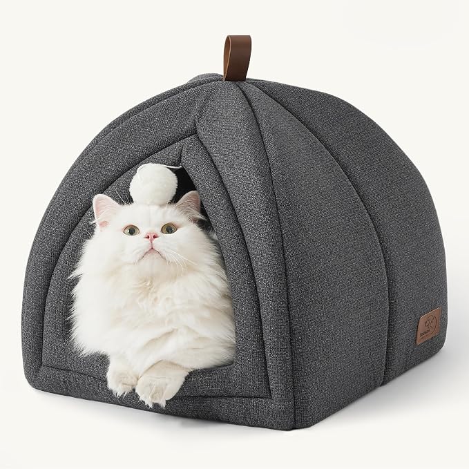 Bedsure 2in1 Cat Beds for Indoor Cats Cave for Kitten with Washable Pillow | 16in, Cat House Enclosed, Covered Cat Tent, Foldable Hideaway, Fluffy Ball, Anti Slip Bottom, Removable Cushioned ,Dark Grey by Unknown
