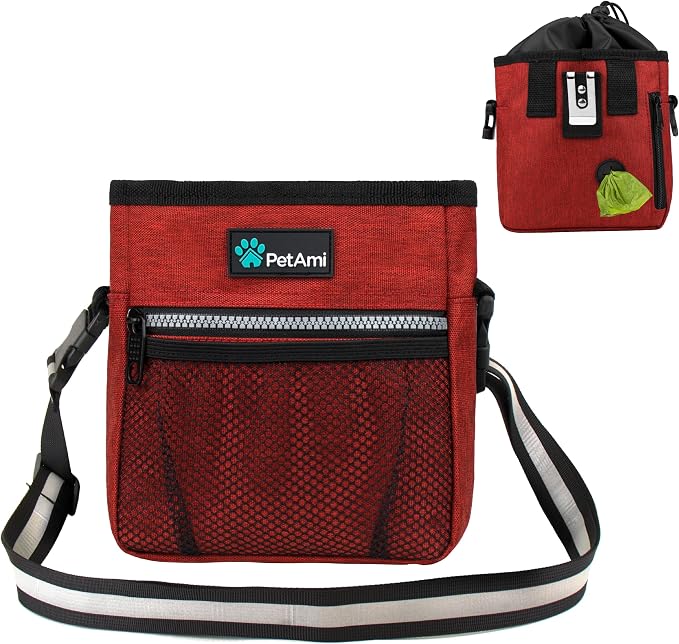 PetAmi Dog Treat Pouch, Pet Treat Pouch for Training, Dog Walking Bag Holder for Kibbles, Pet Food Toy, Dog Trainer Essentials Supplies, Poop Bag Dispenser, 3 Ways to Wear (Red) by PetAmi