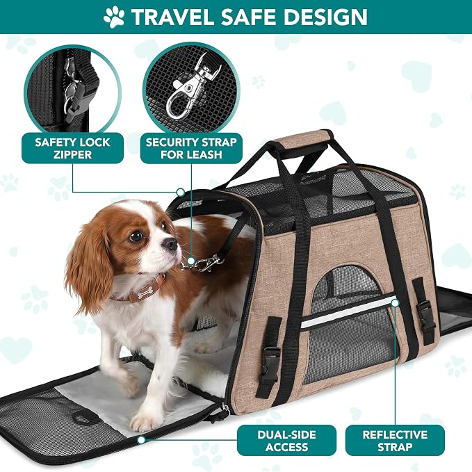 PetAmi Airline Approved Pet Carrier Cats & Small Dogs, Large Heather Taupe | Soft Sided TSA Travel Bag, Sherpa Bed, Breathable Mesh Ventilation, Collapsible Bowl, Fits Under Seat, Up to 18 lbs - Image 4
