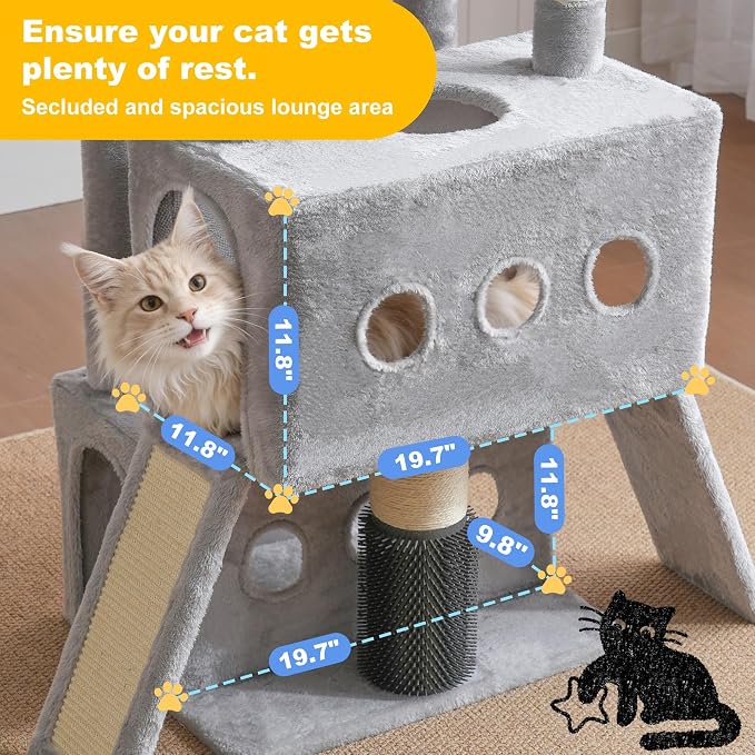 Hey-brother Cat Tree Tower with Multi-Level Platforms, Cozy Condos, MPJ085W | 71.5 Inches Cats House, Scratching Posts with 2 Hammocks, Scratch Board, 2 Plush Baskets for Multiple Indoor Cats, Light Gray - Image 4