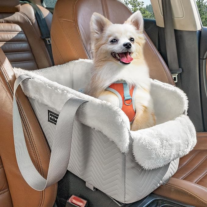 PETSFIT Console Dog Car Seat, Portable Small Dog Car Seat with Safe Protective Hooks, Luxury Dog Carseat Includes Safety Leash and Storage Pocket for Pets Up to 9 lbs (Grey) by Petsfit