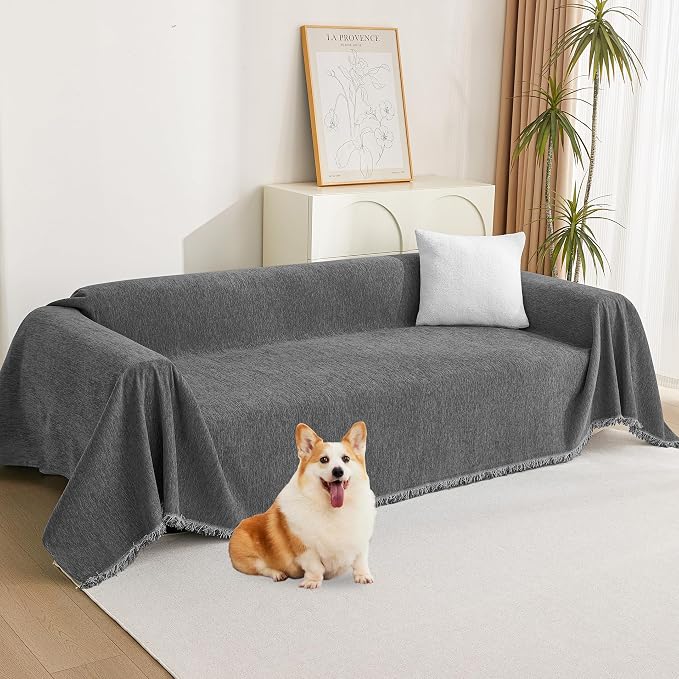 MYSKY HOME Boho Couch Cover Charcoal Gray Sofa Covers with Tassel Farmhouse Sofa Slipcover Simple Couch Protector for Dogs Chenille Sectional Couch Covers L Shaped Couch Cushion Covers, 91"x 134" by MYSKYHOME