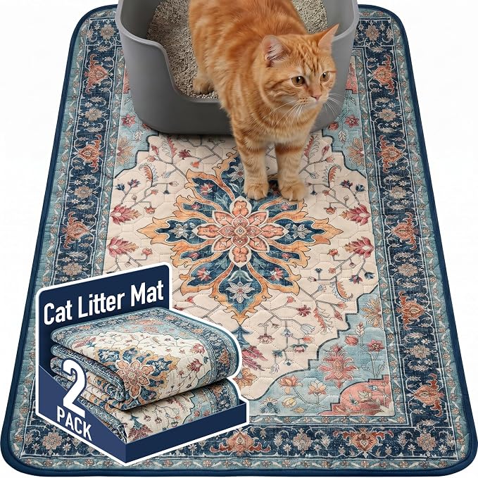Hompet Cat Litter Mat 2 Pack, 24x36 Large Machine Washable Trapping Mats for Cats, Super Absorbent & Urine-Proof Cat Litter Box Mat for Floor, Waterproof & Non Slip Kitty Litter Rug by Hompet