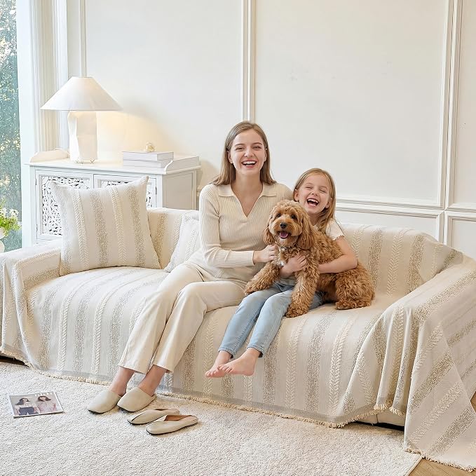 Couch Cover for Dogs Washable Sofa Cover, Sectional Couch Covers, Sofa Covers for 2 Cushion Couch, Non Slip Stripe Sofa Slipcovers Furniture Protector (Beige, 71x150) - Image 9