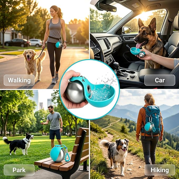 Dog Water Bottle Portable - 2 in 1 Stainless Steel Tumbler with Foldable Round Silicone Ball Bowl, 2-in-1 Leak-Proof Design for Dogs Pet Travel Walking Drinking（Blue） - Image 7