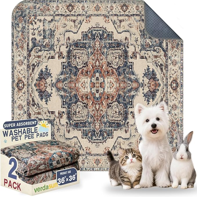 Washable Pee Pads for Dogs, Reusable Puppy Potty Training Pads, Ultra-Absorbent Thick Waterproof Leak-Proof Non-Slip Pads & Mat for Crate, Playpen, Floor, Whelping & Housebreaking , 2 Pack 36"x36" by Verdasun
