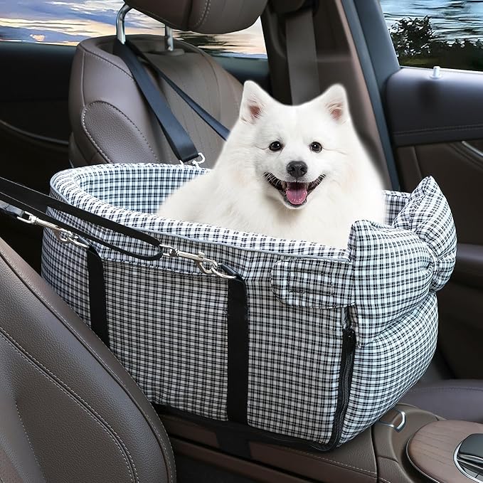 Center Console Dog Car Seat Dog Bed for Car Console Portable Armrest Booster Seat Carrier for Small Medium Dogs Anti-Collapse for Puppy Pet Up to 15 Lbs（Grid Black） by RUONARIER