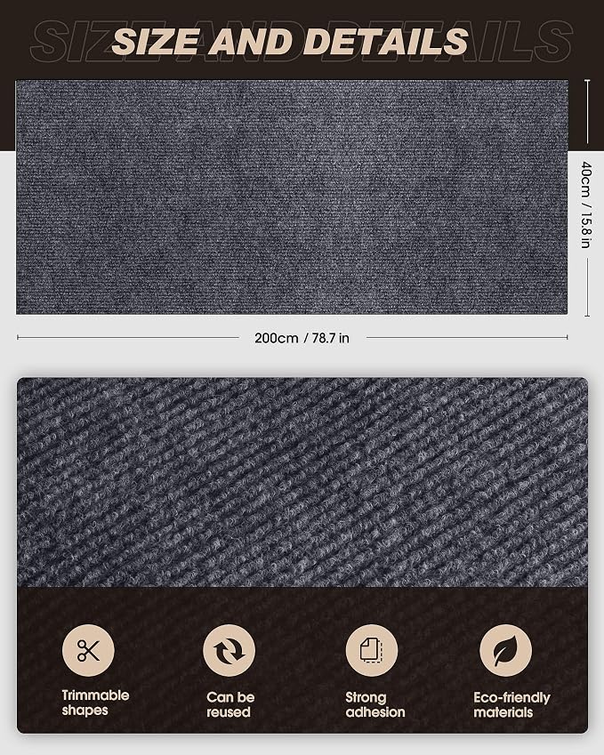 Cat Scratch Furniture Protector, Trimmable Self-Adhesive Carpet, DIY Climb Cat Scratcher Mat for Covering Cat Tower and Couch Protector from Cat Claws (78.7x15.8in Dark Gray) - Image 2
