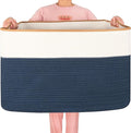MINTWOOD Design 112L Extra Large Blanket Basket Holder Living Room, 25"x17"x16" Rectangle Rope Woven Storage Basket with Handles for Laundry, Towels, Shoes, Dog Toy Organizer Bin Box, Prussian Blue by MINTWOODDesign