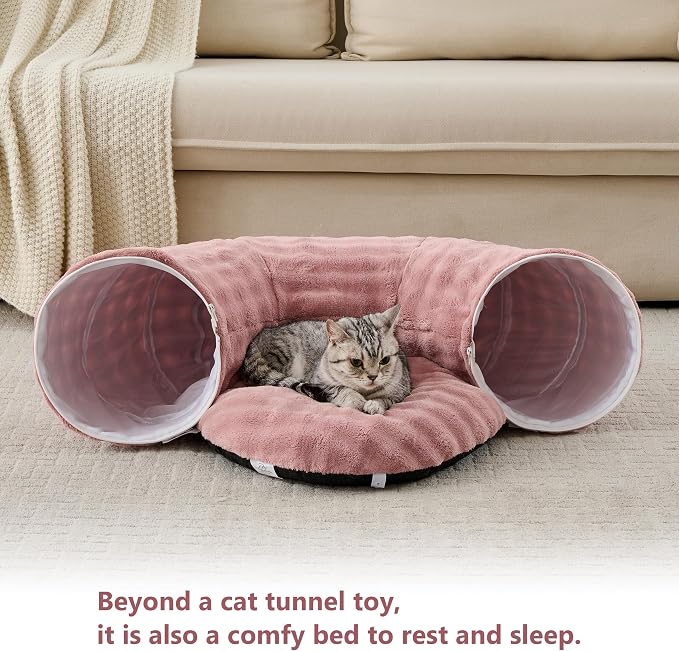Bubble Round Cat Tunnel for Indoor Cats, Dusty Pink | Peekaboo Cave Toy with Dangling Balls, Donut Tunnel Bed with Circle Mat for Puppy Kitten Rabbit - Image 5