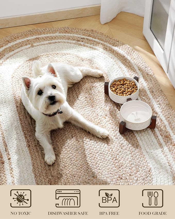 MALACASA Dog Bowl Set, Ceramic Bowls with Walnut Wood Stand, 1.5 Cups | Five-Leaf Grass and Honeycomb Design, Non-Slip Base, for Cats and Dogs, About 26% Heavier than Similar Ceramic Bowls - Image 4