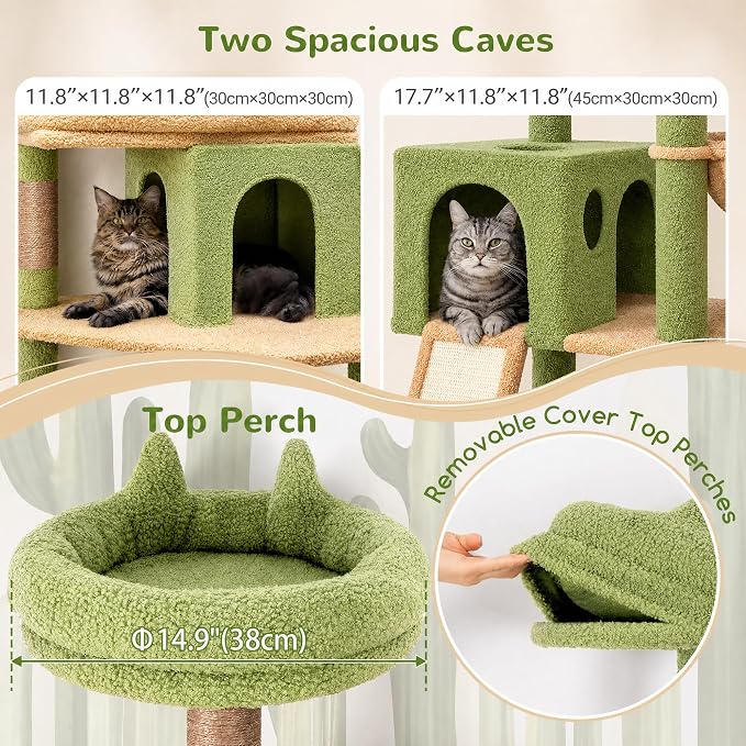 Globlazer Heavy Duty Cactus Cat Tree for Large Cats, Sturdy 72in Maine Coon Cat Tree for Large 20 lbs+ Cactus Cat Tower for Adult Biggest Cats with 6 Scratching Posts, Hammock, S72, Green - Image 3