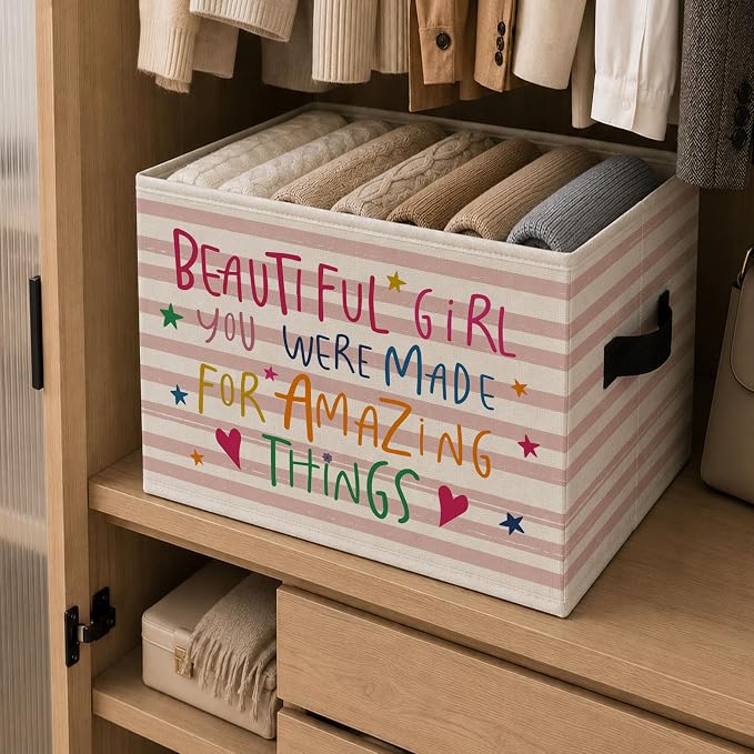 Girls Room Storage Bins Box, Positive Colorful Collapsible Organizer Basket | affirmation encouraging storage box basket for books clothes, pastel striped organizer for nursery bedroom playroom, 10x14 in - Image 6