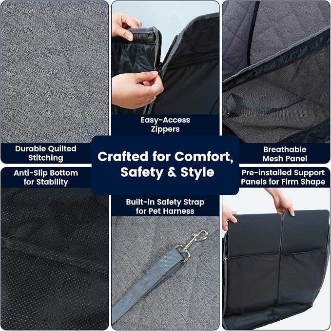 Front Seat Dog Car Seat for Small/Medium Dogs with Door Protection – Full Coverage Waterproof Pet Booster Seat with Mesh Window, Zippered Side Flaps, Safety Buckle, Grey Linen Fabric - Image 5