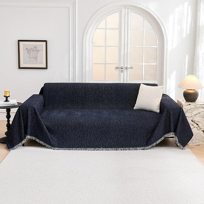 MYSKY HOME Sofa Covers Love Seat Couch Covers Couch Covers for Reclining Couches Couch Cover Sectional Washable Couch Cover with Tassels Sofa Protector for Kids, Dogs, Pets, 71"x118", Navy Blue - Image 9