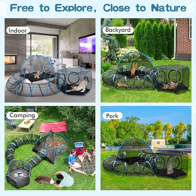 4-in-1 Outdoor Cat Enclosure, Portable Catio Tent with Tunnel | 2 Rooms & 2 Tunnels, Breathable Mesh, Carry Bag, Interactive Toys, Multi-Entry Doors, Indoor & Outdoor Use for Small pets - Image 7