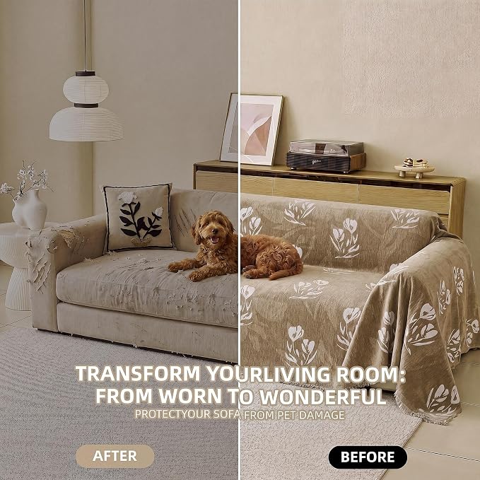Couch Cover for Dogs Washable Sofa Cover, Sectional Couch Covers, Sofa Covers for 2 Cushion Couch, Non Slip Stripe Sofa Slipcovers Furniture Protector (Floral ‌Light Coffee 91x102) - Image 4