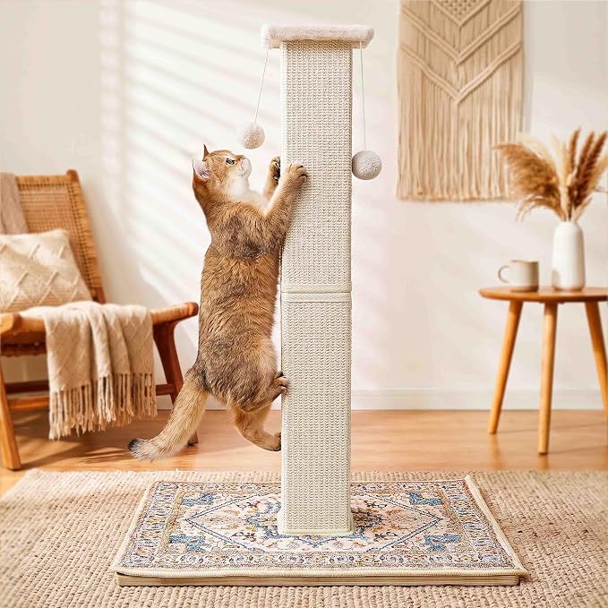 Tall Cat Scratching Post for Indoor Cats Adults with Carpet, White | 33 Inch, Large Cat Post with Perch, Heavy Duty&Stable, Sisal Rope, Cute Cat Scratcher with Boho Carpet & Dangling Ball Toys - Image 7