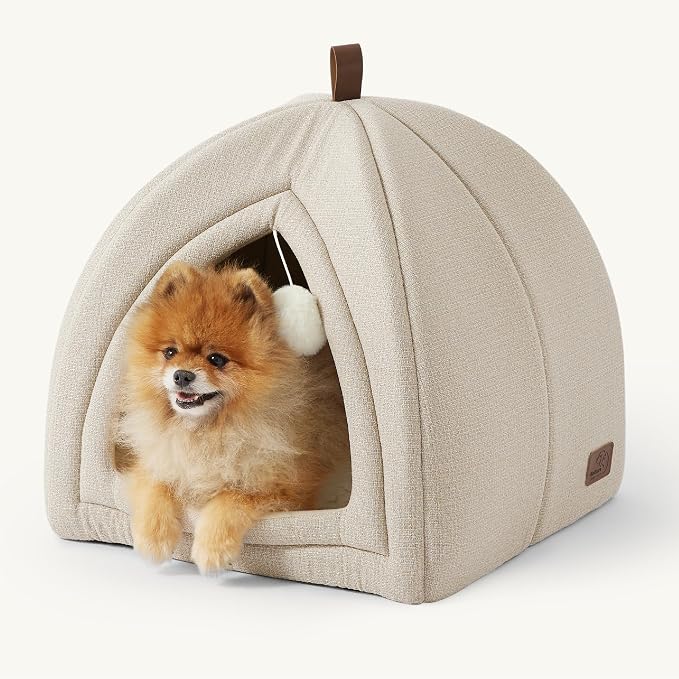 Bedsure 2in1 Cat Beds for Indoor Cats Cave for Kitten with Washable Pillow | 17.3in, Cat House for Small Dog, Covered Cat Tent, Foldable Hideaway, Fluffy Ball, Anti Slip Bottom,Removable Cushioned,Beige by Unknown