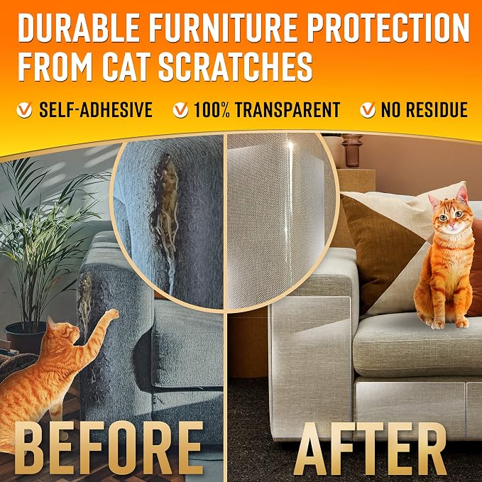 Heavy Duty Cat Scratch Deterrent Furniture Protectors for Sofa, Doors, Clear Couch Protectors from Cats Scratching, Anti Cat Scratch Tape Guards (Transparent, 10 Sheets 17x12) - Image 2