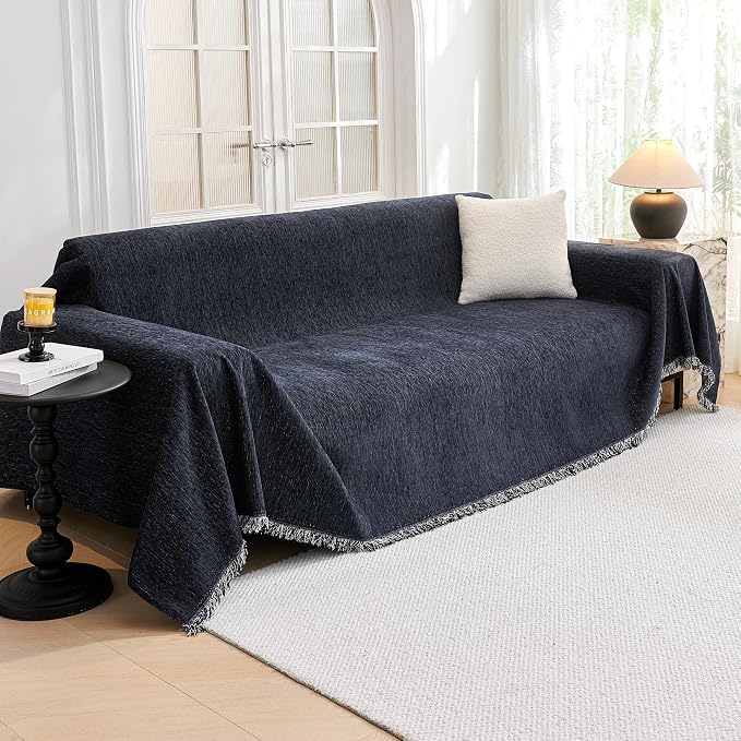 MYSKY HOME Couch Cover for Dogs Washable Couch Covers Couch Covers for Sofa Couch Cover 2 Cushion Sofa Non Slip Dogs Furniture Protector with Tassels Chenille Sofa Covers for Pet, 71"x102", Navy Blue by MYSKYHOME