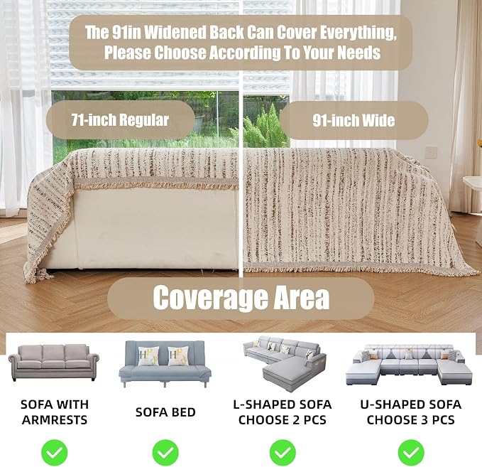 Couch Cover for Dogs Washable Sofa Cover, Sectional Couch Covers, Sofa Covers for 2 Cushion Couch, Non Slip Stripe Sofa Slipcovers Furniture Protector (Quicksand White 91x102) - Image 3