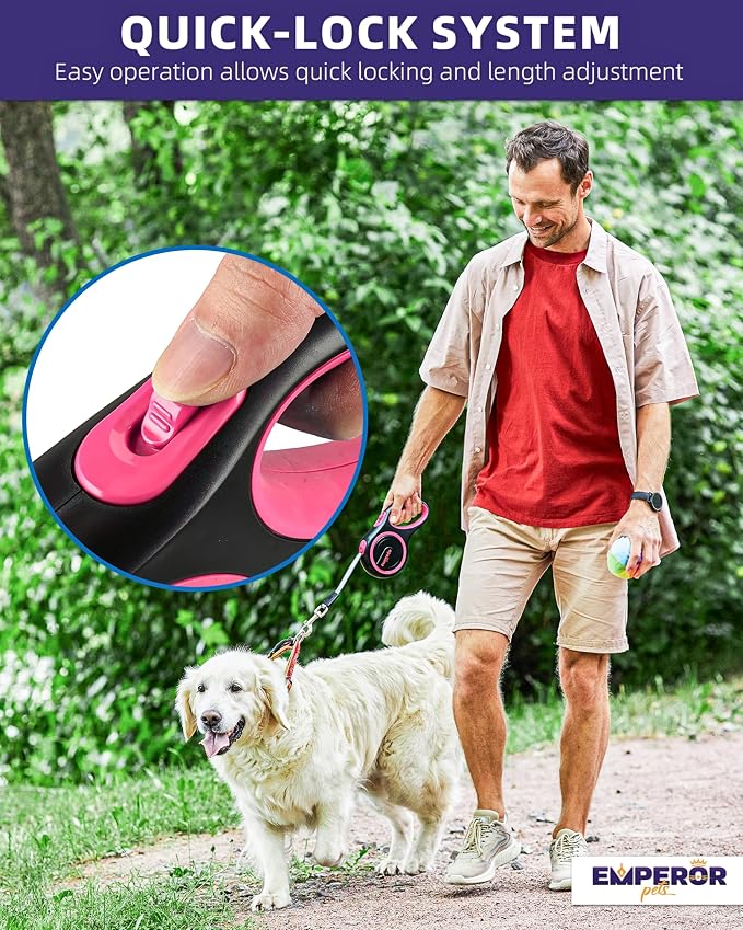 Emperor Pets Pink Heavy Duty Retractable Dog Leash 26 ft – Tangle-Free Nylon Tape, Anti-Slip Grip, Reflective – Retractable Leash for Medium Large Dogs up to 110 lbs -Classic-PK26 - Image 3